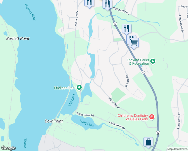 map of restaurants, bars, coffee shops, grocery stores, and more near 85 Inchcliffe Drive in Ledyard