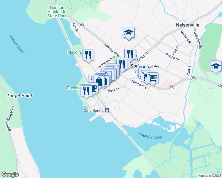 map of restaurants, bars, coffee shops, grocery stores, and more near 22 Rock Street in Cold Spring