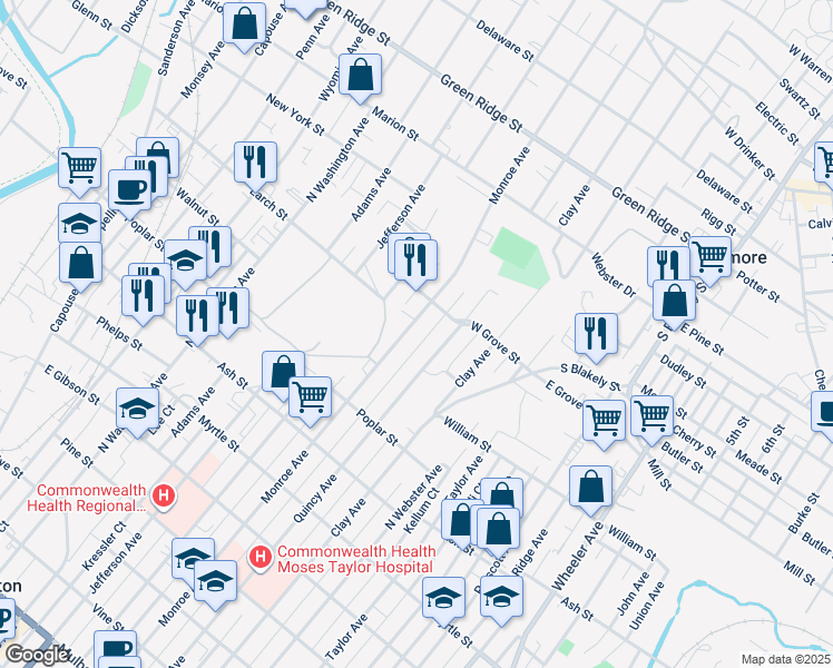 map of restaurants, bars, coffee shops, grocery stores, and more near 1229 Monroe Avenue in Dunmore