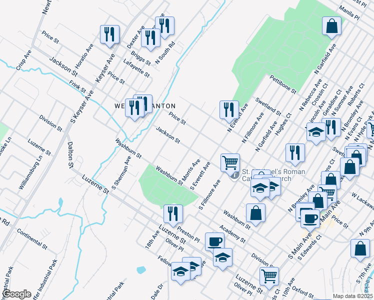map of restaurants, bars, coffee shops, grocery stores, and more near 2017 Jackson Street in Scranton