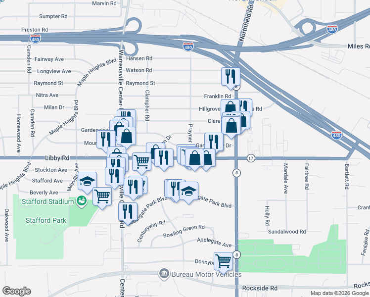 map of restaurants, bars, coffee shops, grocery stores, and more near 21011 Gardenview Drive in Maple Heights