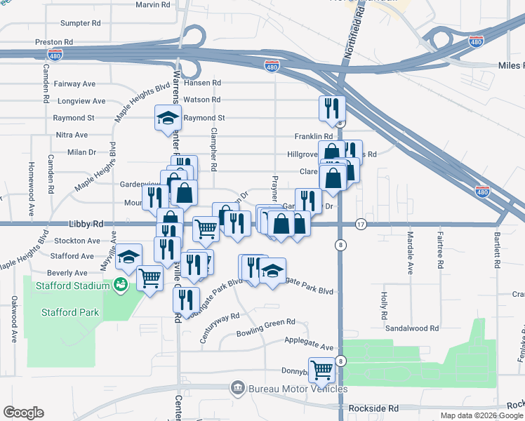 map of restaurants, bars, coffee shops, grocery stores, and more near 21011 Gardenview Drive in Maple Heights