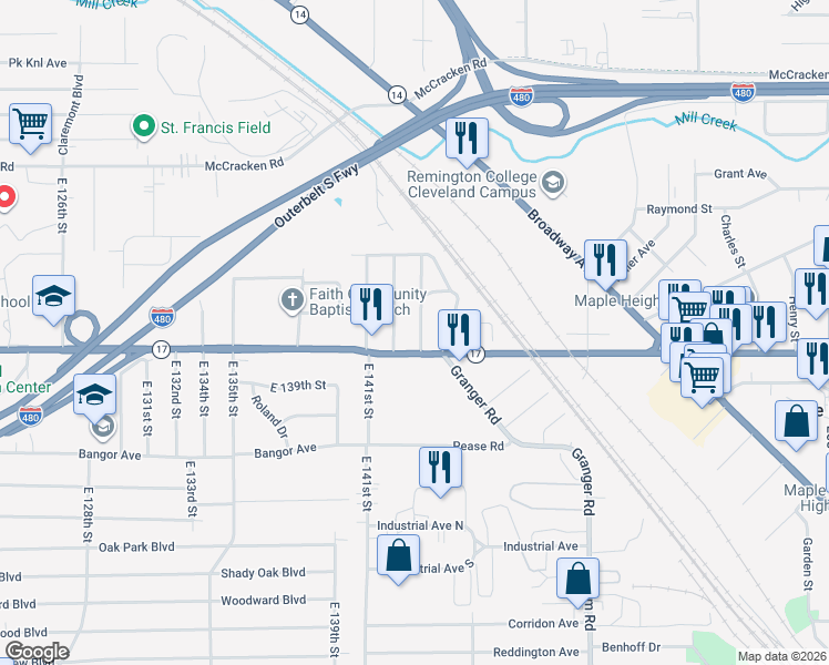 map of restaurants, bars, coffee shops, grocery stores, and more near 5254 Beech Avenue in Maple Heights