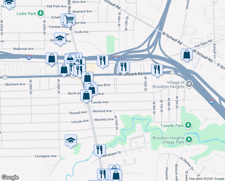map of restaurants, bars, coffee shops, grocery stores, and more near 1707 Brookview Boulevard in Parma