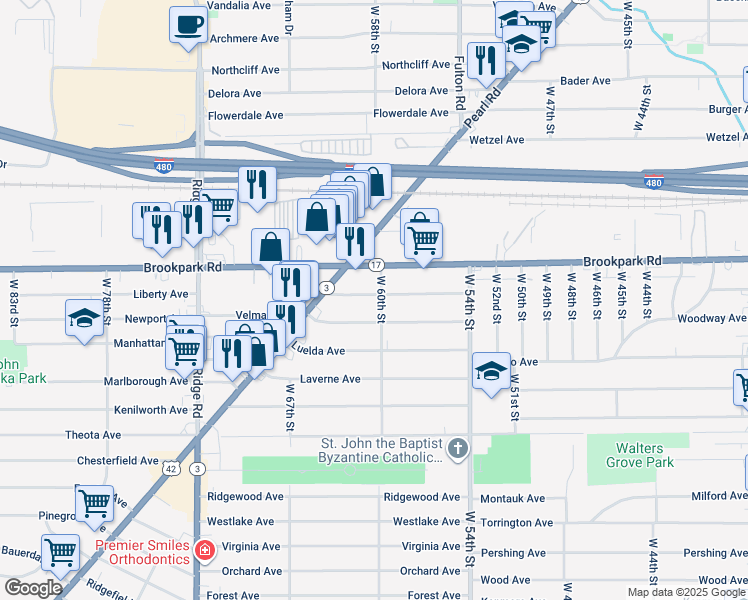 map of restaurants, bars, coffee shops, grocery stores, and more near 6110 Merkle Avenue in Parma