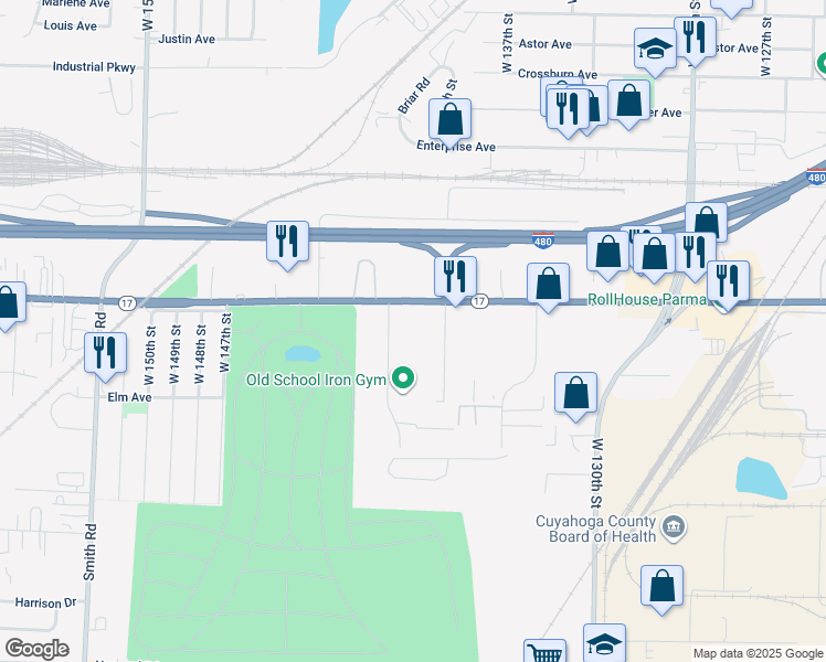 map of restaurants, bars, coffee shops, grocery stores, and more near 13955 Brookpark Road in Brook Park