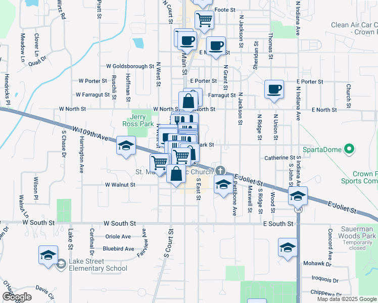 map of restaurants, bars, coffee shops, grocery stores, and more near 101 North Main Street in Crown Point