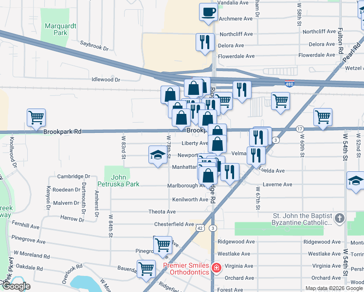 map of restaurants, bars, coffee shops, grocery stores, and more near 7611 Liberty Avenue in Parma