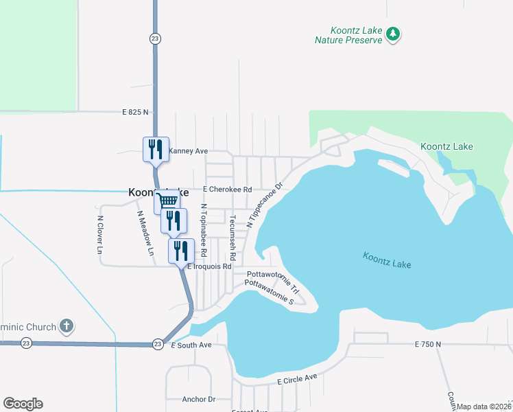 map of restaurants, bars, coffee shops, grocery stores, and more near 7946 North Tippecanoe Drive in Walkerton
