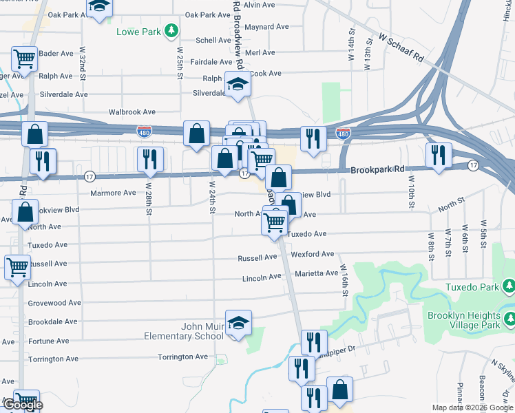 map of restaurants, bars, coffee shops, grocery stores, and more near 2123 Brookview Boulevard in Parma