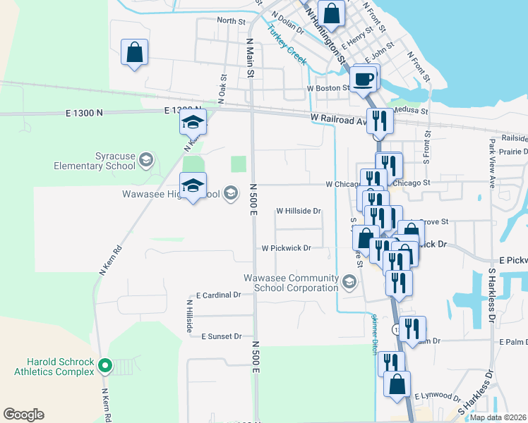 map of restaurants, bars, coffee shops, grocery stores, and more near 462-464 North 500 East in Syracuse