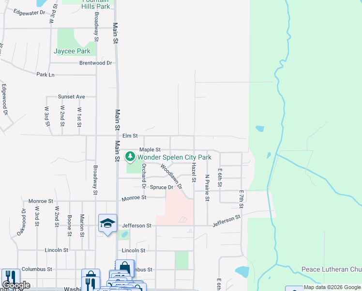 map of restaurants, bars, coffee shops, grocery stores, and more near 301 Elm Street in Pella