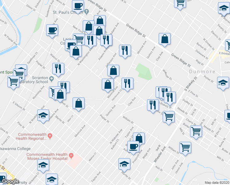 map of restaurants, bars, coffee shops, grocery stores, and more near 1218 Monroe Avenue in Scranton