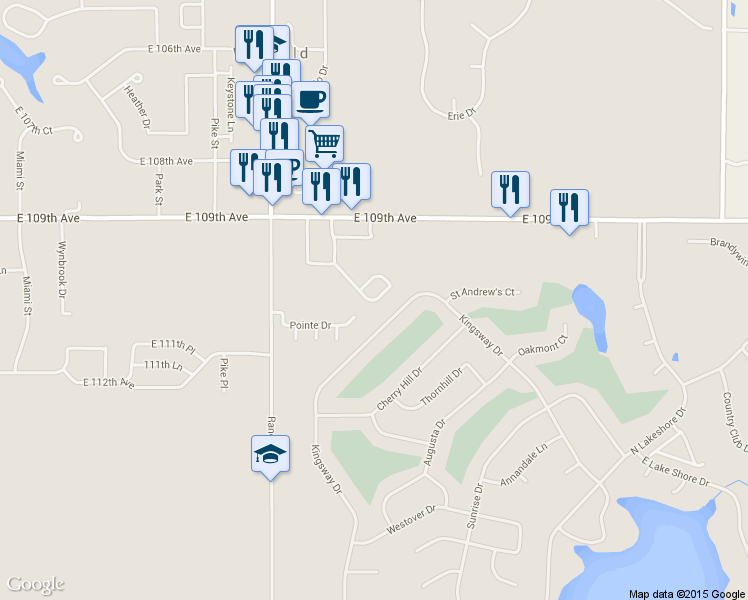 map of restaurants, bars, coffee shops, grocery stores, and more near 132 Meadow Rd in Crown Point