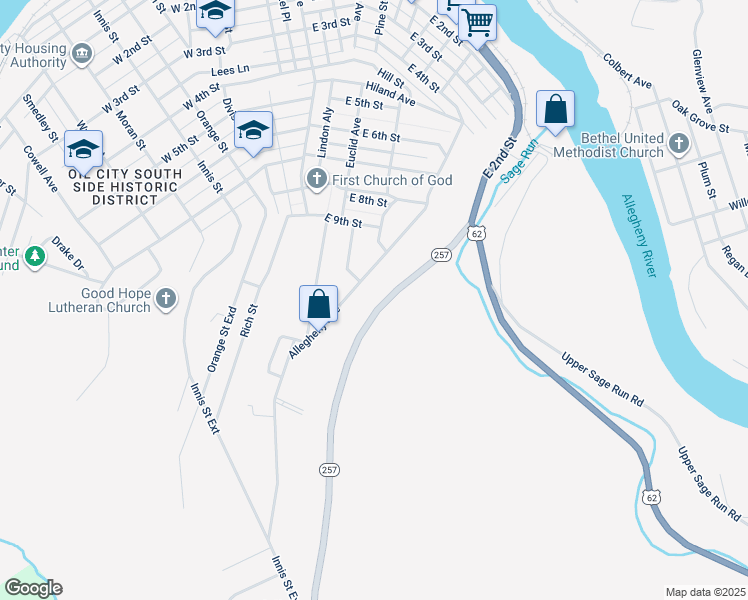 map of restaurants, bars, coffee shops, grocery stores, and more near 4327 Pennsylvania 257 in Oil City