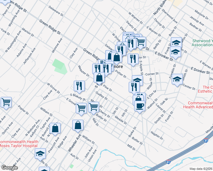 map of restaurants, bars, coffee shops, grocery stores, and more near 328 Spring Street in Dunmore