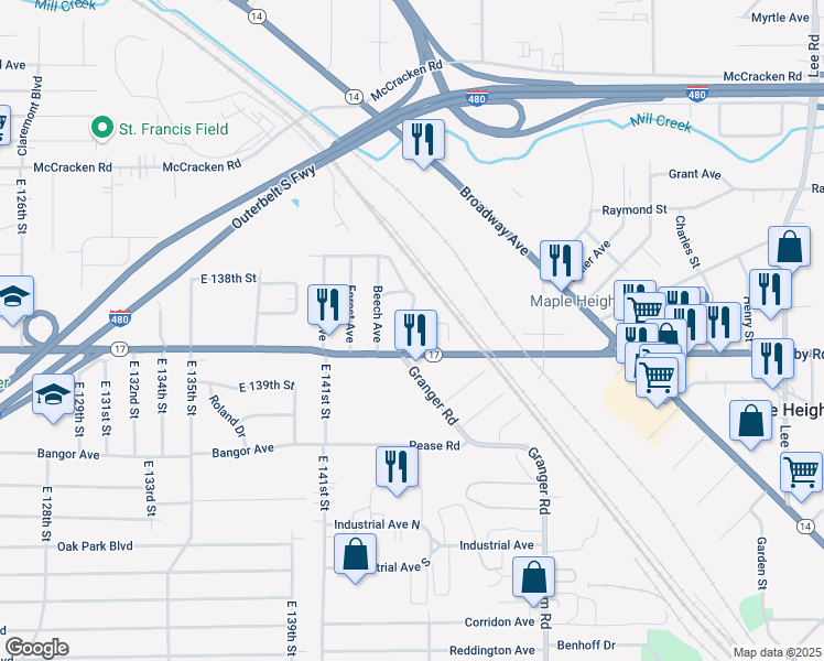 map of restaurants, bars, coffee shops, grocery stores, and more near 14425 Maple Avenue in Maple Heights