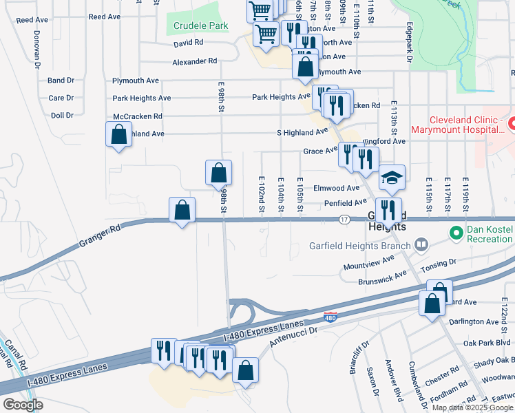 map of restaurants, bars, coffee shops, grocery stores, and more near 5300 East 102nd Street in Garfield Heights