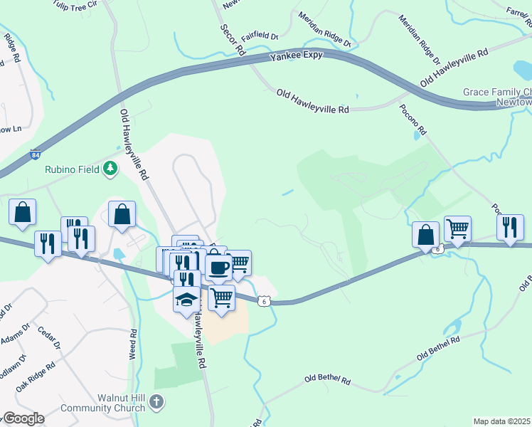 map of restaurants, bars, coffee shops, grocery stores, and more near 76 Suzie Drive in Newtown