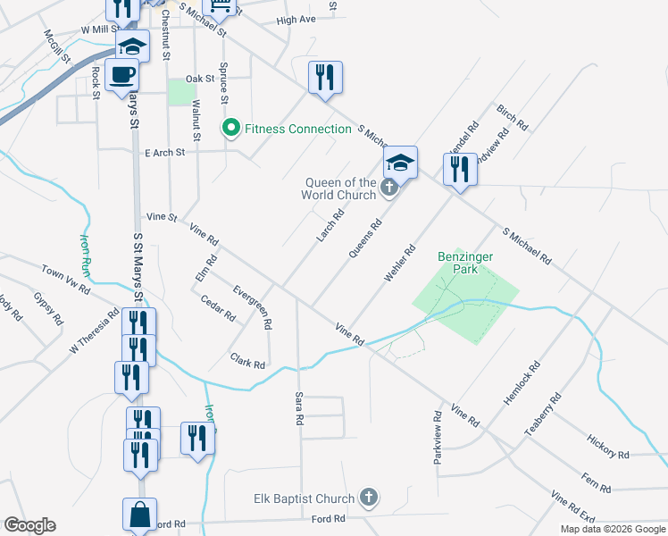 map of restaurants, bars, coffee shops, grocery stores, and more near 169 Larch Road in St. Marys