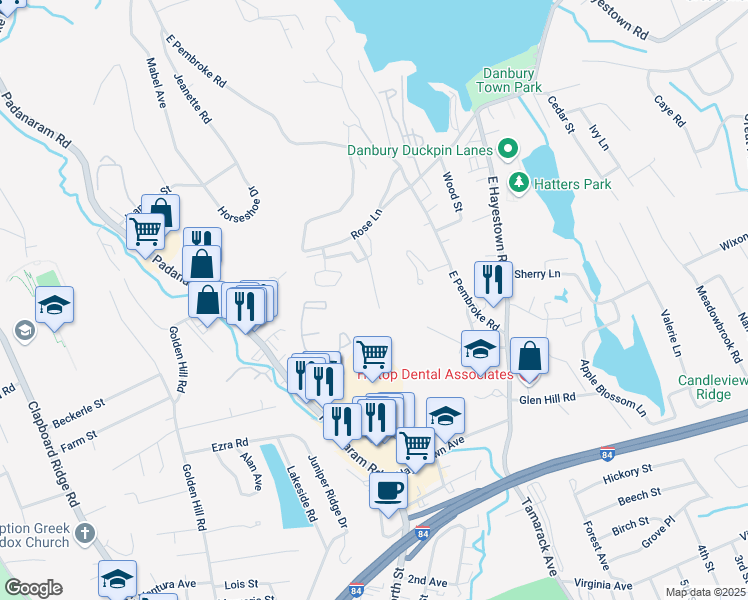 map of restaurants, bars, coffee shops, grocery stores, and more near 42 Candlelight Drive in Danbury