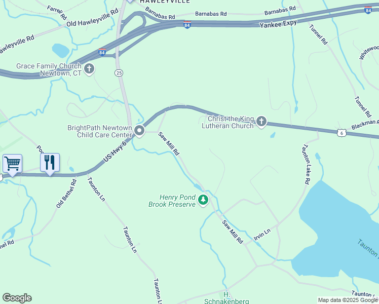 map of restaurants, bars, coffee shops, grocery stores, and more near 9 Saw Mill Road in Newtown