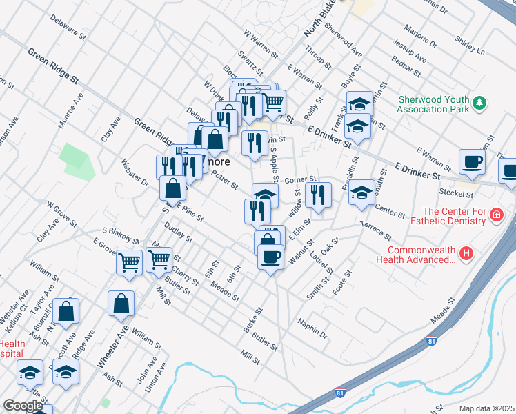 map of restaurants, bars, coffee shops, grocery stores, and more near 160 Potter Street in Dunmore