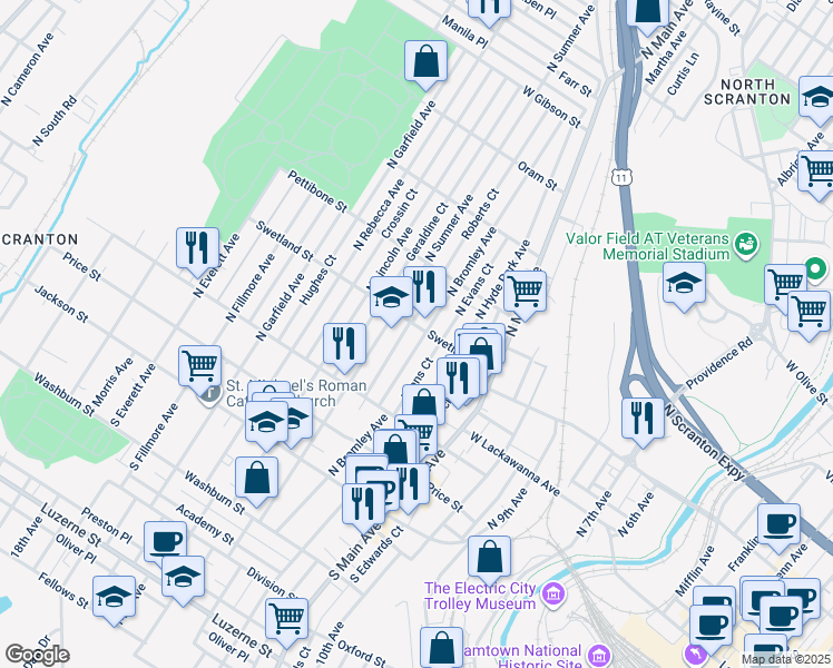 map of restaurants, bars, coffee shops, grocery stores, and more near in Scranton