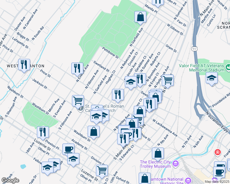 map of restaurants, bars, coffee shops, grocery stores, and more near 338 Crossin Court in Scranton
