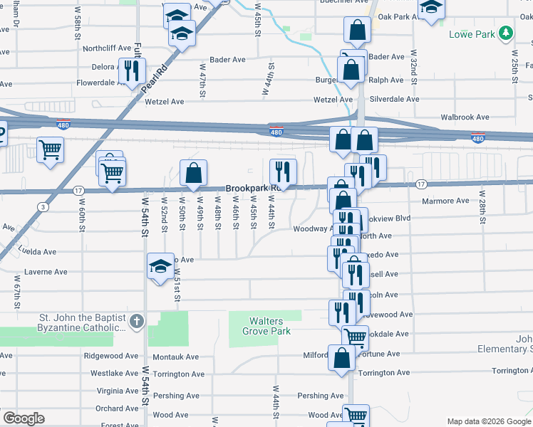 map of restaurants, bars, coffee shops, grocery stores, and more near 5228 West 44th Street in Parma