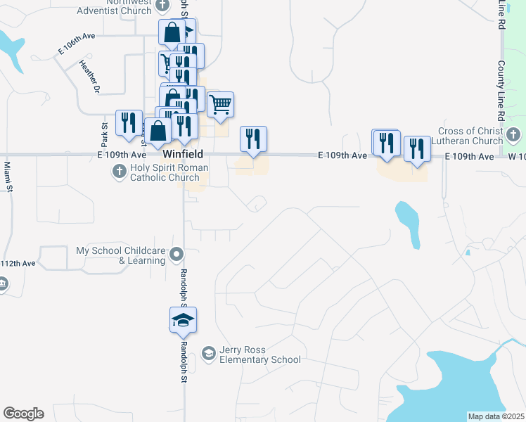 map of restaurants, bars, coffee shops, grocery stores, and more near 128-132 Meadow Road in Crown Point