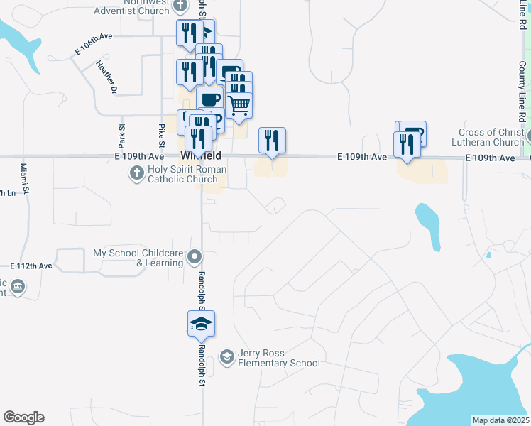 map of restaurants, bars, coffee shops, grocery stores, and more near 140-146 Meadow Road in Crown Point
