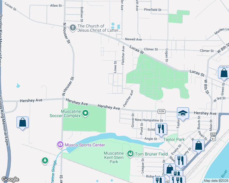 map of restaurants, bars, coffee shops, grocery stores, and more near 106 Warfield Street in Muscatine