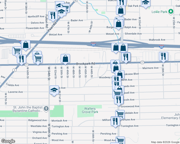 map of restaurants, bars, coffee shops, grocery stores, and more near 5228 West 44th Street in Parma