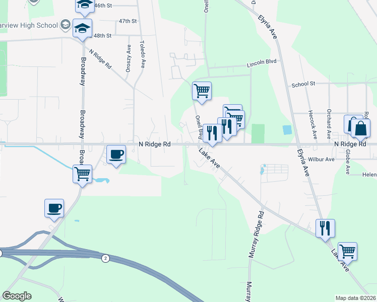 map of restaurants, bars, coffee shops, grocery stores, and more near 1165 North Ridge Road in Elyria