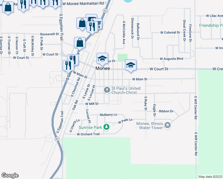 map of restaurants, bars, coffee shops, grocery stores, and more near 5327 West Herbert Street in Monee