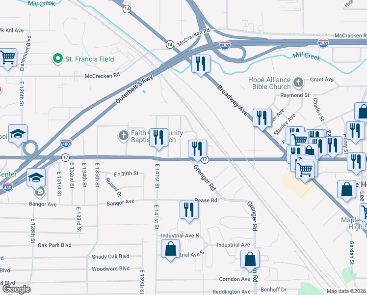 map of restaurants, bars, coffee shops, grocery stores, and more near 5261 Beech Avenue in Maple Heights
