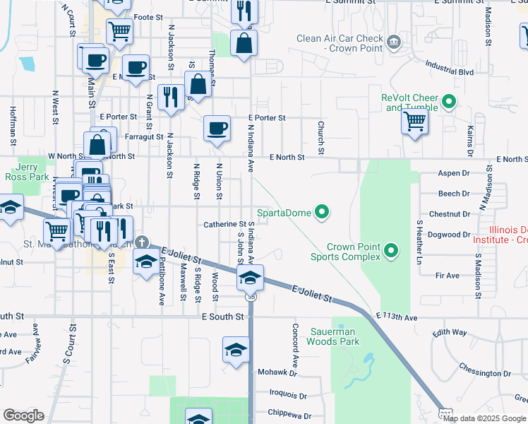 map of restaurants, bars, coffee shops, grocery stores, and more near 905 East Clark Street in Crown Point