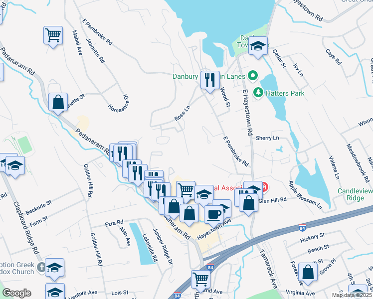 map of restaurants, bars, coffee shops, grocery stores, and more near 42 Candlelight Drive in Danbury