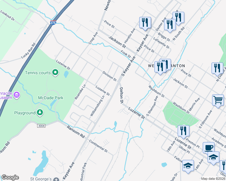 map of restaurants, bars, coffee shops, grocery stores, and more near 320 South Keyser Avenue in Scranton