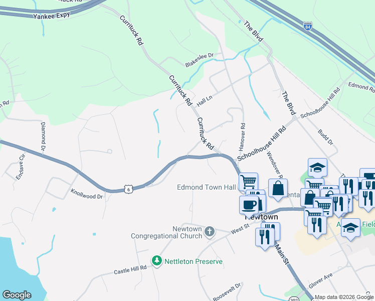 map of restaurants, bars, coffee shops, grocery stores, and more near 8 Academy Lane in Newtown