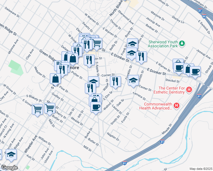 map of restaurants, bars, coffee shops, grocery stores, and more near 201 Willow Street in Dunmore