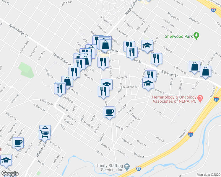 map of restaurants, bars, coffee shops, grocery stores, and more near 116 Mortimer Street in Dunmore