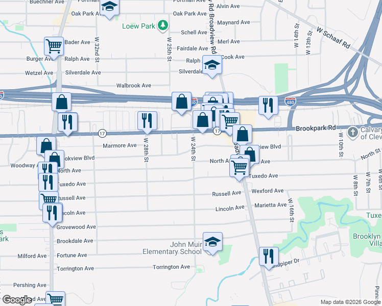 map of restaurants, bars, coffee shops, grocery stores, and more near 2410 Brookview Boulevard in Parma