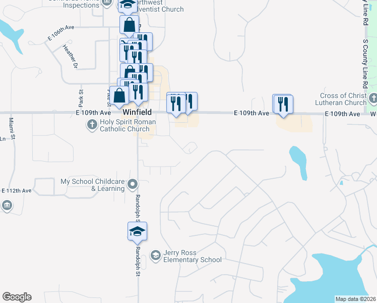 map of restaurants, bars, coffee shops, grocery stores, and more near 128-132 Meadow Road in Crown Point