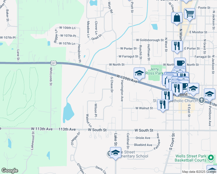 map of restaurants, bars, coffee shops, grocery stores, and more near 838 Carol Drive in Crown Point