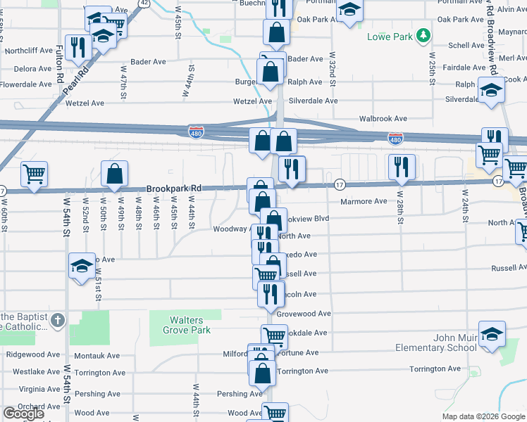 map of restaurants, bars, coffee shops, grocery stores, and more near 3702 Freehold Avenue in Cleveland