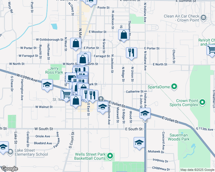 map of restaurants, bars, coffee shops, grocery stores, and more near 411 East Clark Street in Crown Point