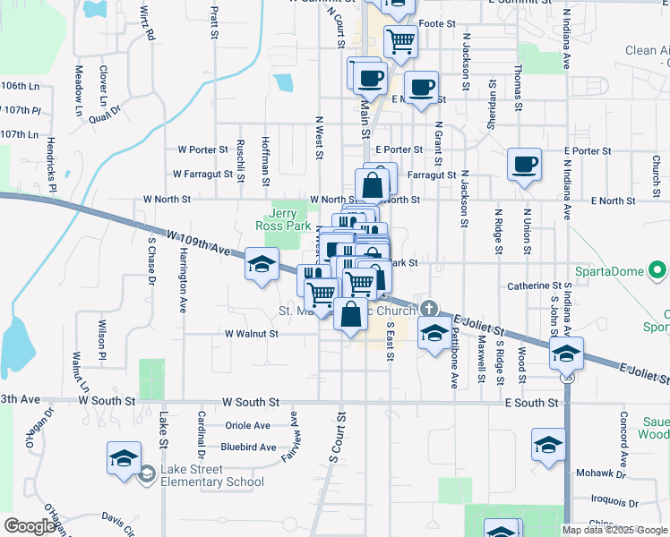 map of restaurants, bars, coffee shops, grocery stores, and more near 17 North Court Street in Crown Point