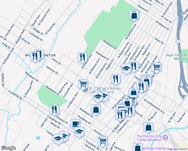 map of restaurants, bars, coffee shops, grocery stores, and more near 1717 Lafayette Street in Scranton